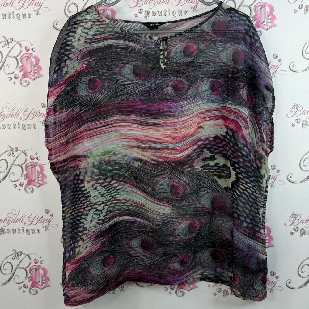 Jessica T-shirt peacock feather details swirl abstract Multicolor Sheer Top